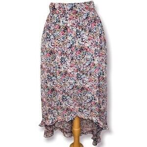 No Boundaries Skirt High Low Elastic Waist Pink Floral Print Ruffle Hem